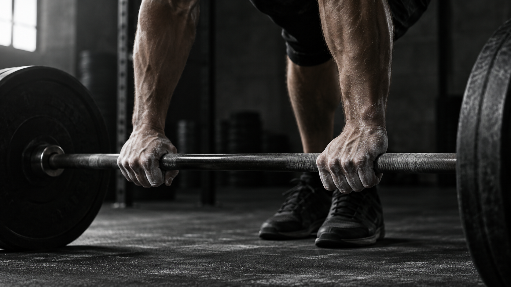 Chalked hands setting a deliberate grip on an iron barbell